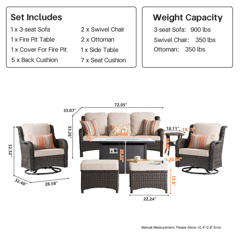 Tommy 5-person Outdoor Seating Group With Cushions With Fire Pit, Beige