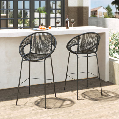 Tabouret de bar d'extérieur en faux osier noir Ferrara, ensemble de 2