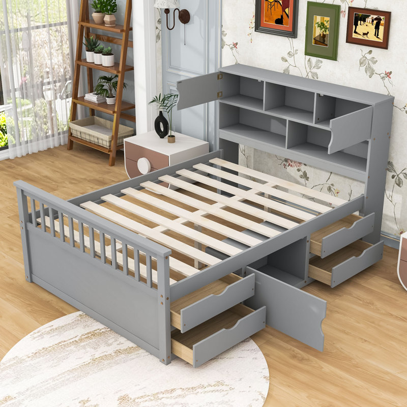 Lit plateforme multifonctionnel en bois avec tête de lit, tiroirs de rangement et tablettes, Gris, Double