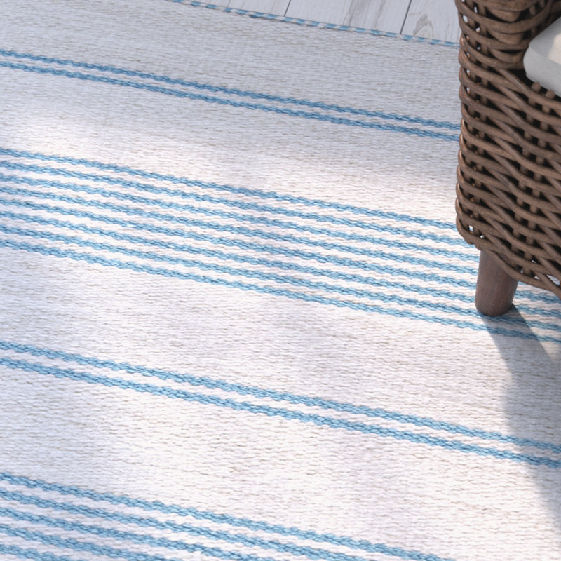 Aariz Striped Handmade Outdoor Turqoise/White Area Rug, Rectangle 5' x 8'