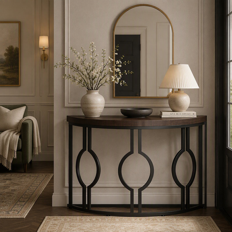43" Industrial Console Table, Half Moon Shaped Accent Sofa Table