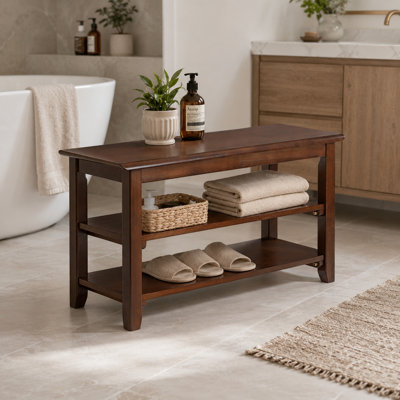 Two-Tier Solid Wood Shoe Storage Bench, Entry Shoe Rack with Storage Shelves, Hall Shoe Seat Bench