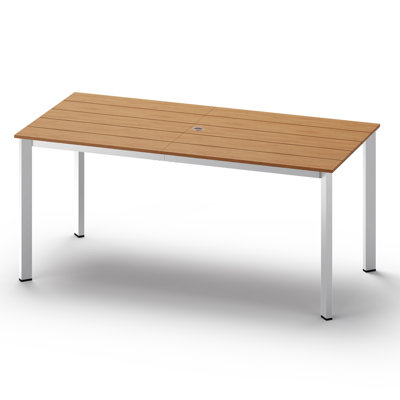 Table de salle à manger d'extérieur rectangulaire en aluminium de 170 cm (67 po) avec plateau en HDPS imitation bois et trou pour parasol