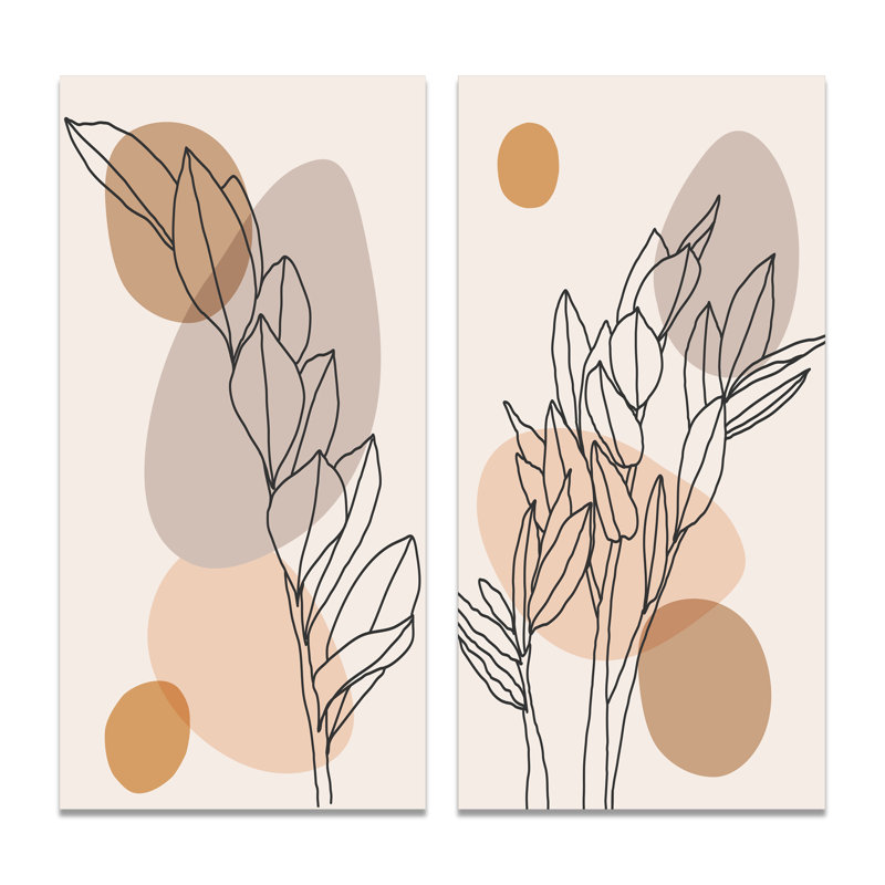 «Beige Botanical Abstract Leaves II», ensemble de 2 peintures, Toile tendue, H 40 po x l 40 po x P 1,5 po