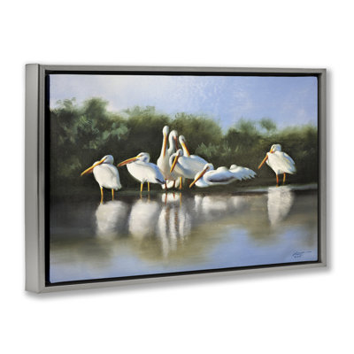 «White Pelicans Flock», toile encadrée dorée par D. Rust