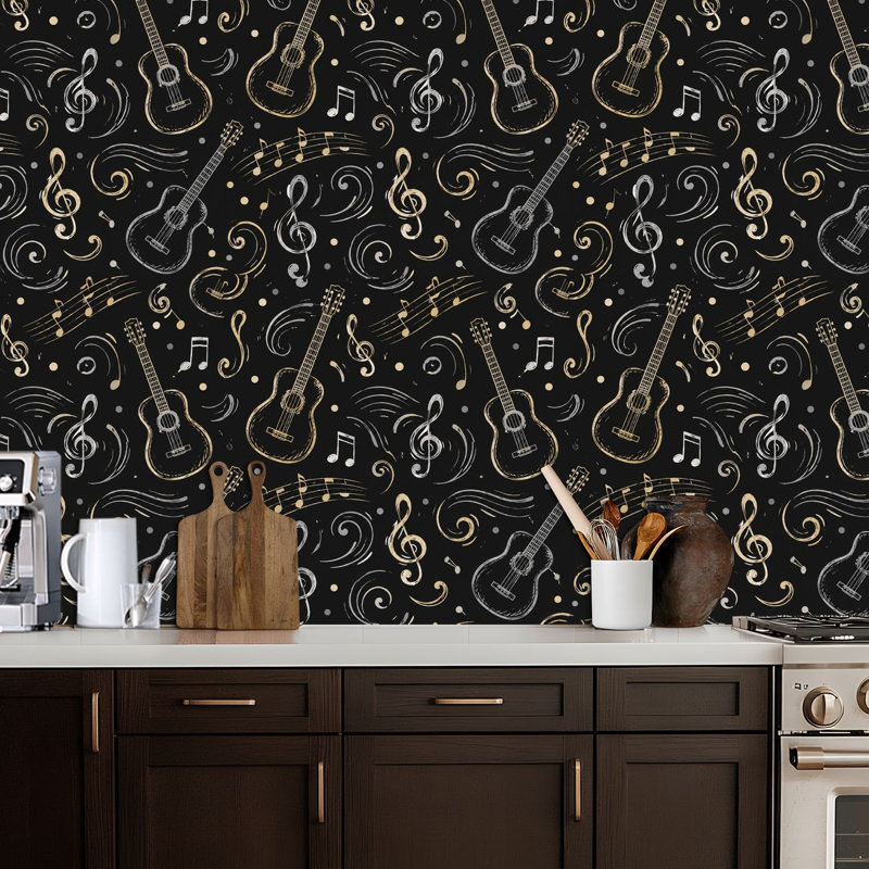 Papier peint peler et coller en PVC, revêtement mural auto-adhésif amovible avec musique, guitare abstraite, note de musique, clé de son, lignes noires, impression à la main, imperméable pour la décoration intérieure - rouleau