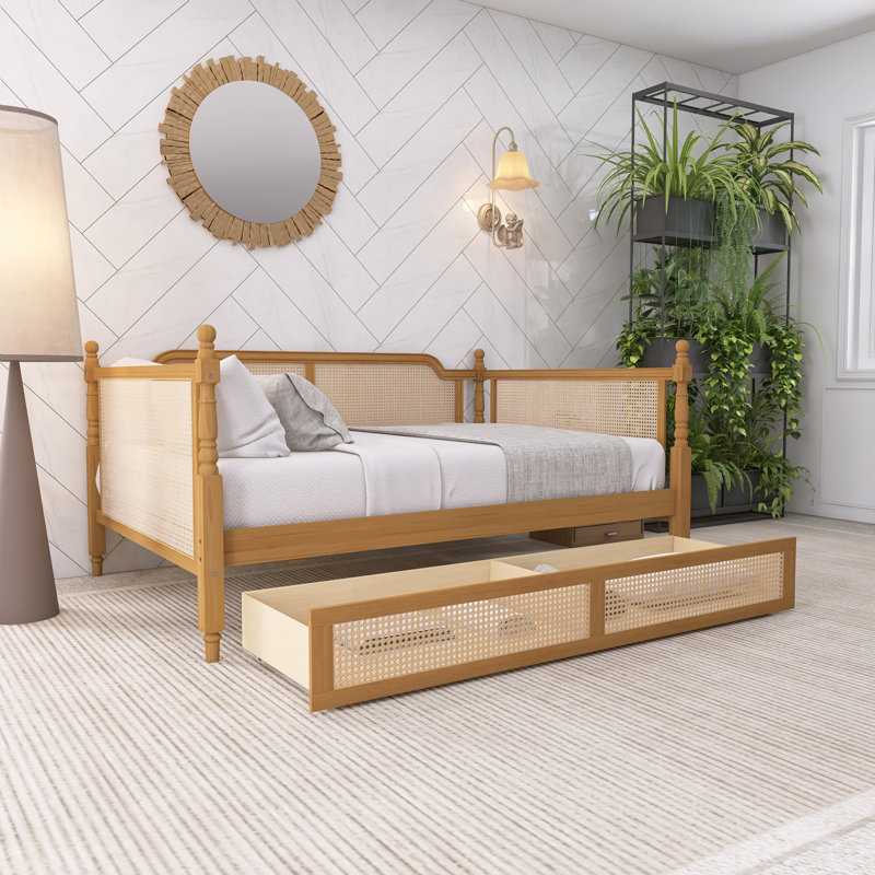 Lit de jour simple en rotin de noyer avec 2 tiroirs, Lit simple, Brun