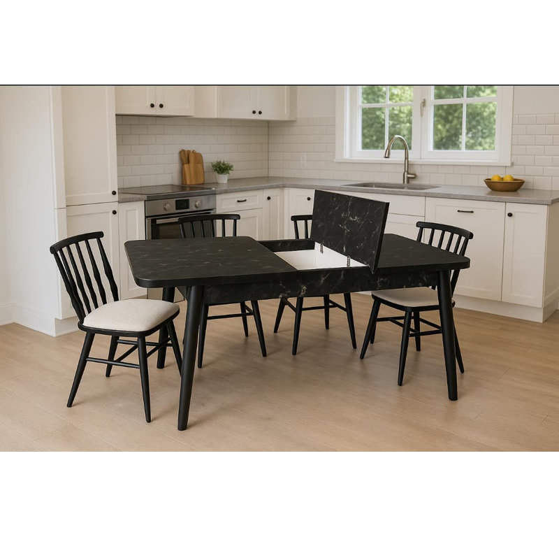 Ensemble de table et chaises de salle à manger extensible (5 pièces), noir, 51,2 po x 31,5 po x 29,5 po | 100% bois de hêtre et panneau de fibres à densité moyenne résistant aux rayures | Comprend 4 chaises (17,3 po x 36,2 po x 17,3 po) | Élégant et durable pour les espaces de salle à manger modernes