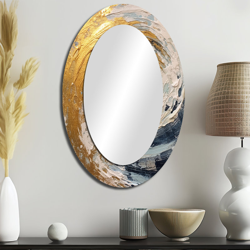 Gold And Blue Spiral Nebula - Abstract Oval Decorative Mirror On Metal, 36" x 24"