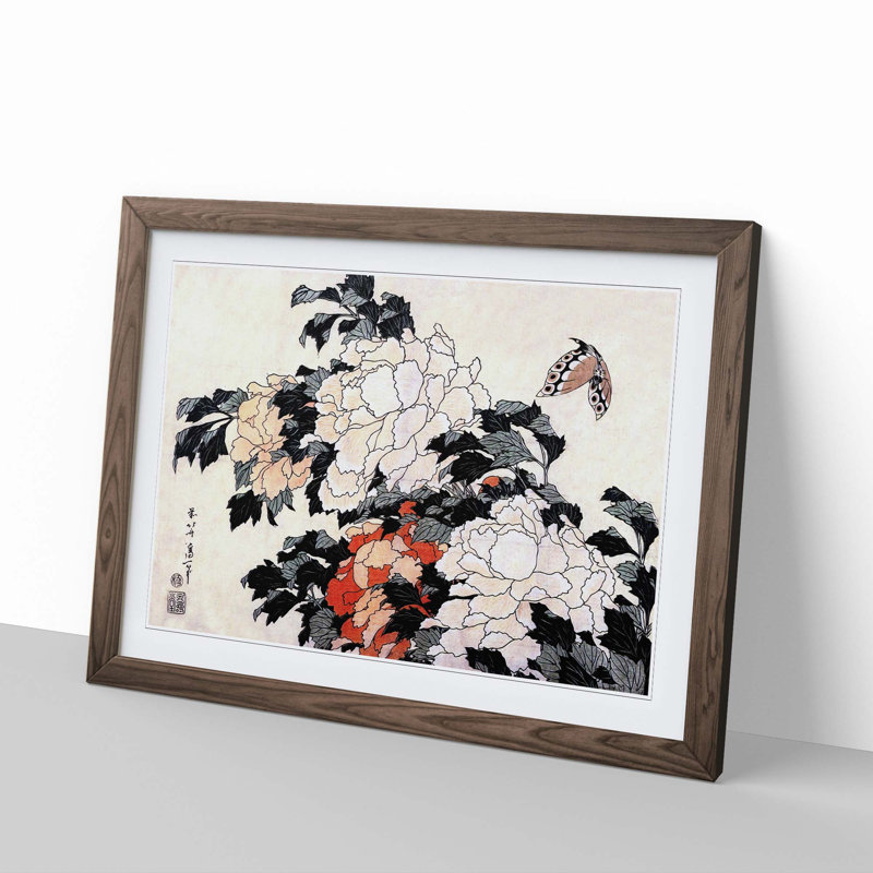 Peonies & Butterfly by Katsushika Hokusai - Picture Frame Painting Print, Walnut Framed, 27cm H x 36cm W x 2cm D