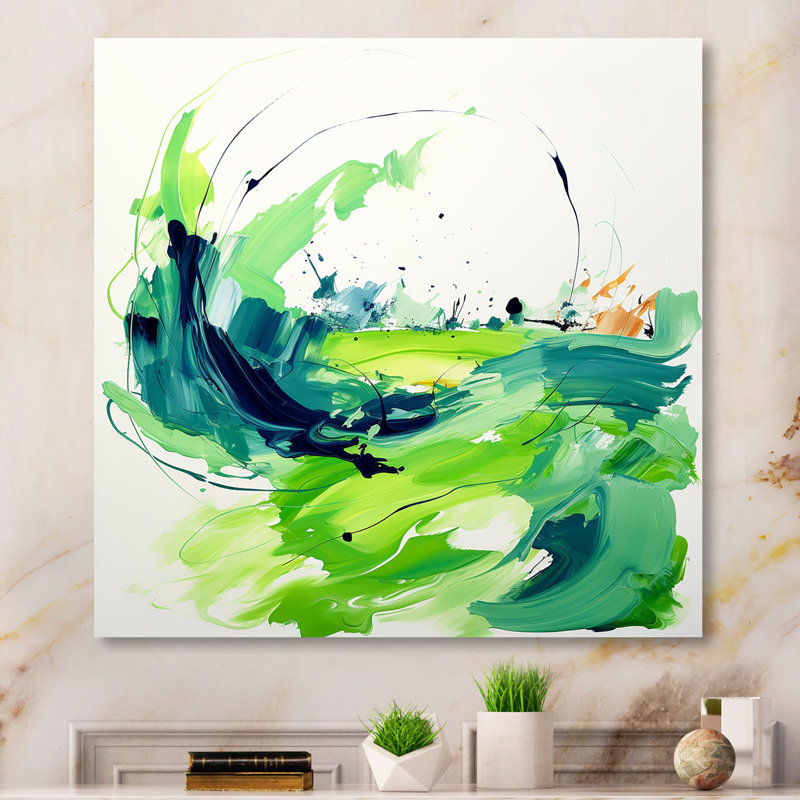 «Green and White Abstract Ink Expression VI», art mural abstrait en métal, H 29 po x l 29 po x P 1,5 po