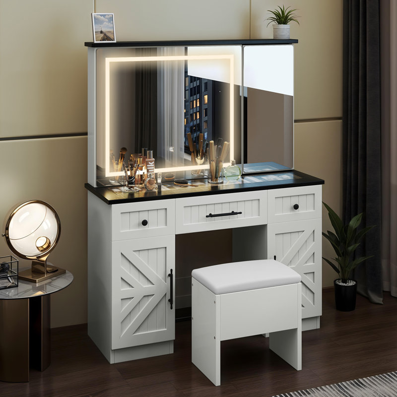Modern Vanity Set Dressing Table With LED Lighted Mirror, Drawers, and Storage Shelves