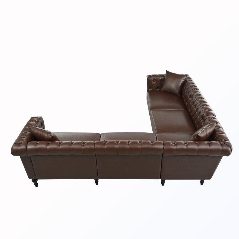 Canapé modulaire capitonné en L avec accoudoirs roulés et têtes de clou, Dark Brown Faux Leather