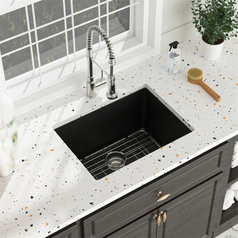 Évier à lessive en quartz - Évier de service encastré en granite noir 24 po x 18 po