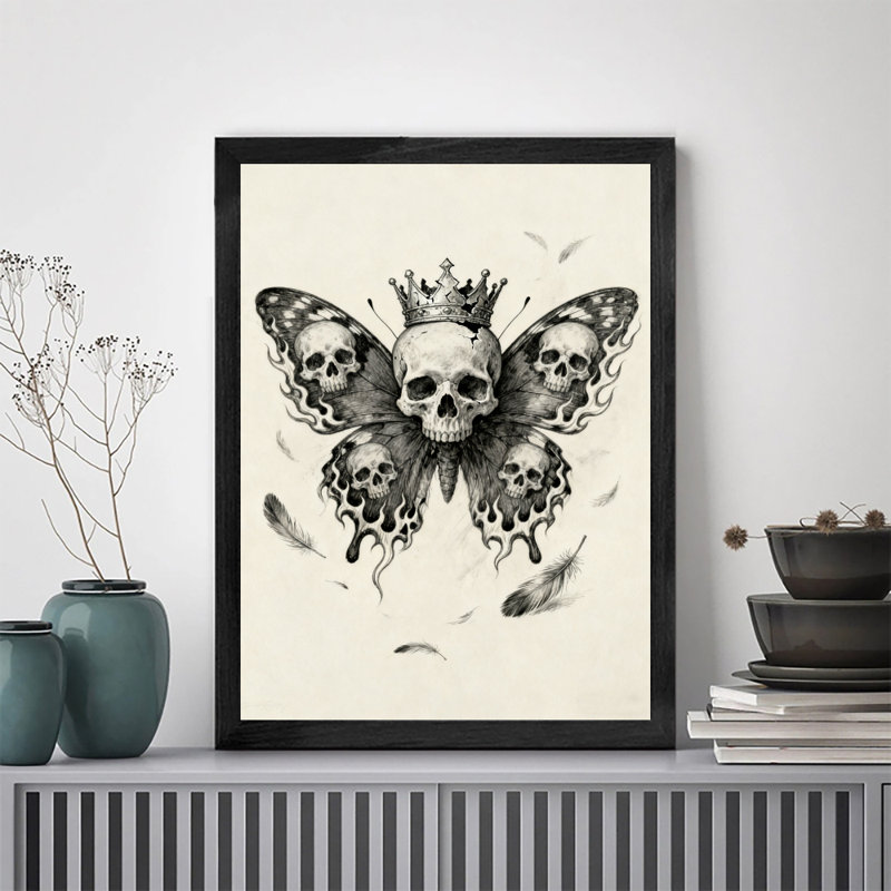 Reproduction d'art encadré noir avec crâne de papillon rétro, H 11 po x l 9 po