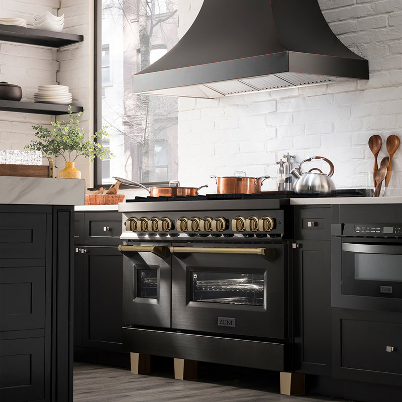 ZLINE Autograph 48" Legacy Dual Fuel Range in Black Stainless Steel, Champagne Bronze