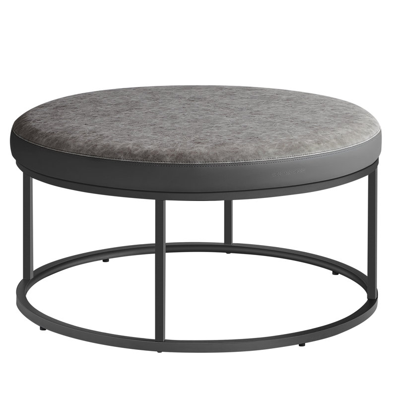 78cm Wide Faux Leather Round Footstool Ottoman, Grey