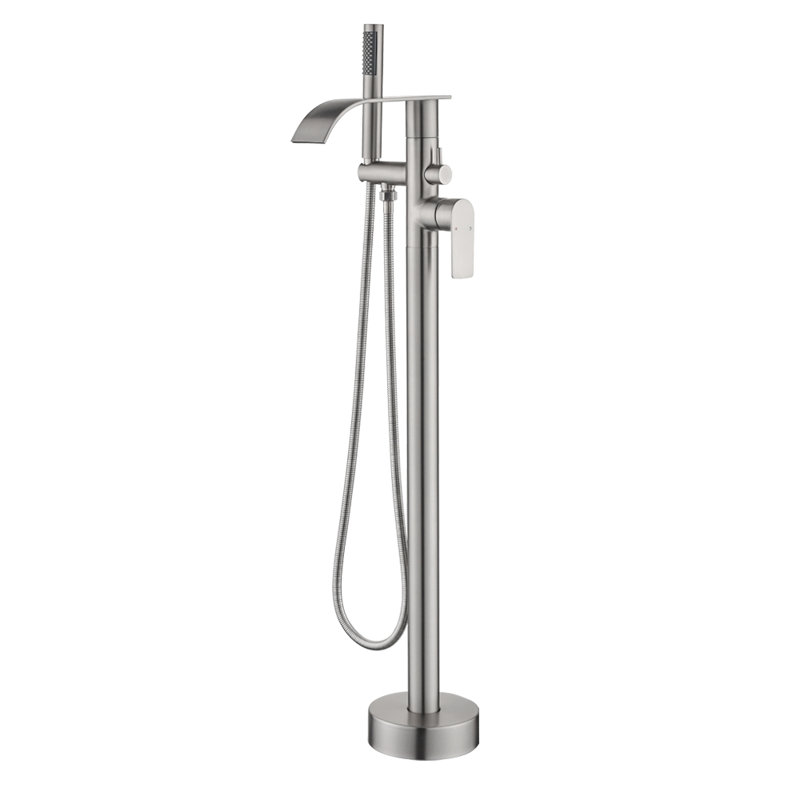 Single-Handle Floor Mount Freestanding Bathtub Faucet Waterfall Tub Filler With Handheld Shower, Brushed Nickel