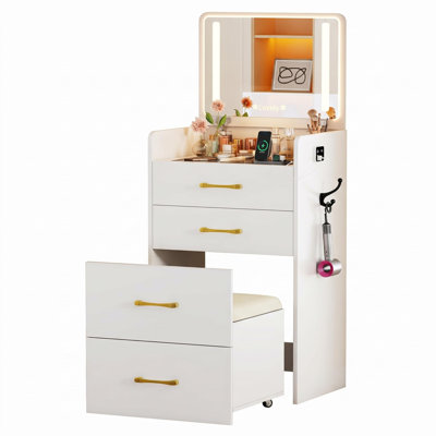 Meuble-lavabo compact 3 en 1 avec miroir à DEL, station de charge USB, tabouret à roulettes dissimulé et tiroirs de rangement - Coiffeuse peu encombrante pour chambre à coucher, dortoir ou appartement
