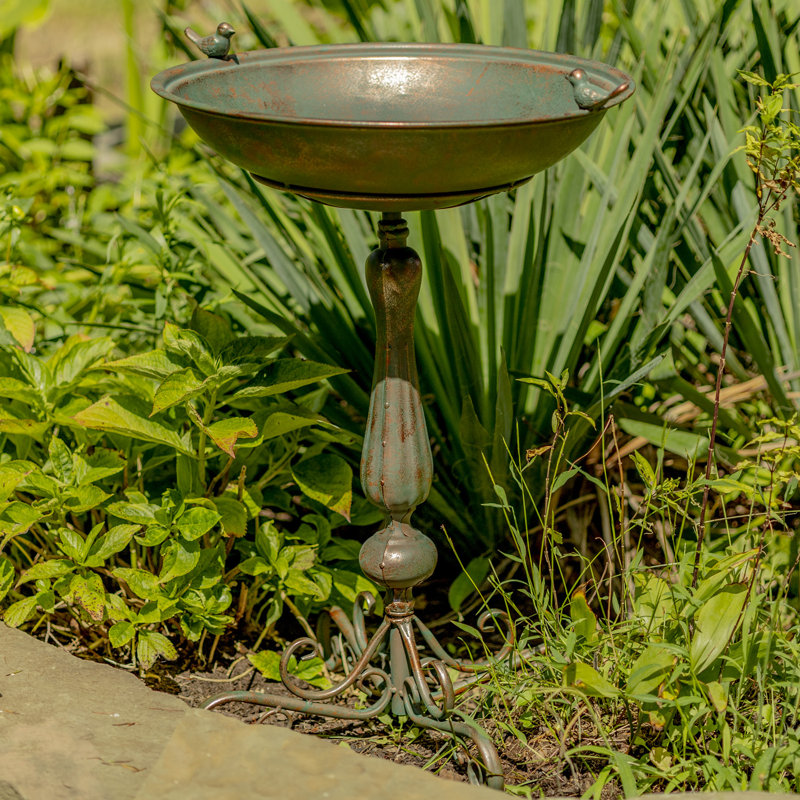 Bronze Ornate Pedestal Birdbath with Cast Iron Birds