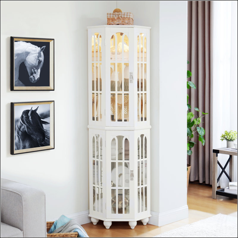 Corner Curio Cabinet With 4 Adjustable Tempered Glass Shelves And Lighting System, Solid Wood Legs, Acrylic Mirrored Back Panel