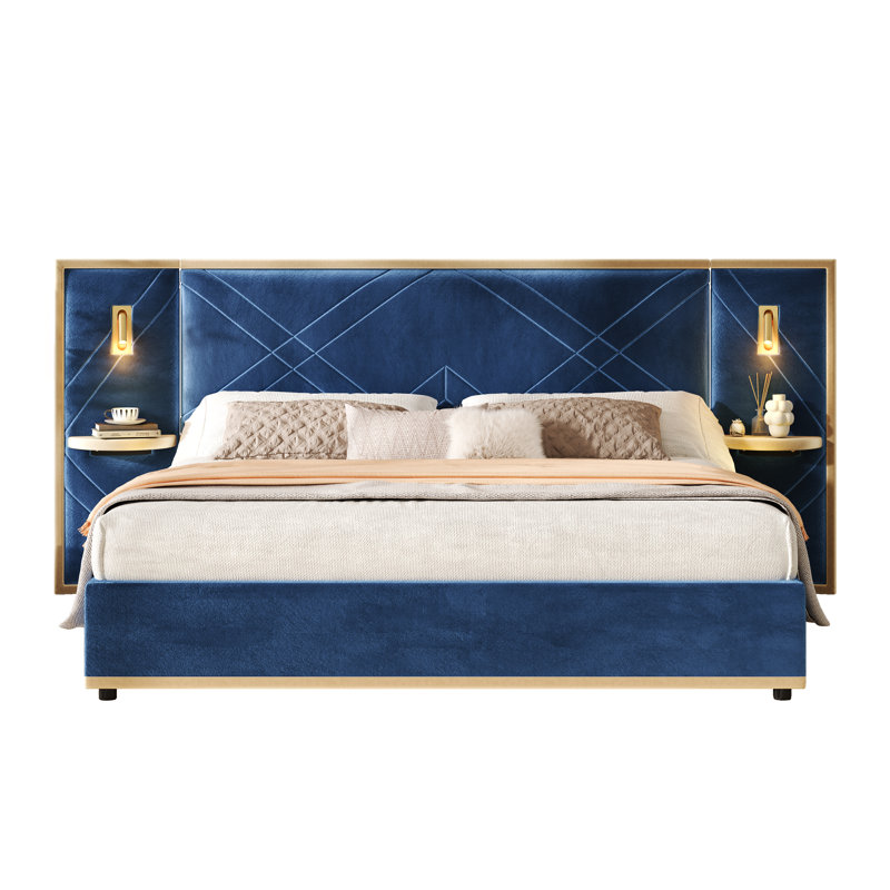 Calviano Upholstered Platform Bed With Wingback Headboard, LED Lighting, And Storage Side Panels, Blue, King