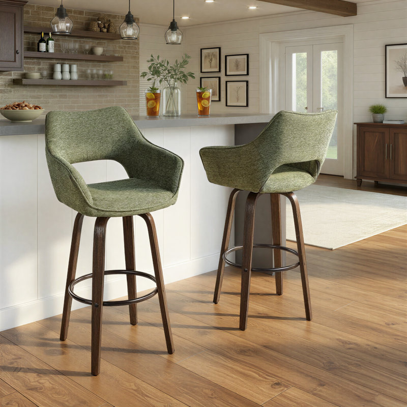 Tabouret de bar et de comptoir en tissu Sarah avec pieds en bois cintré et repose-pieds rond Sarah