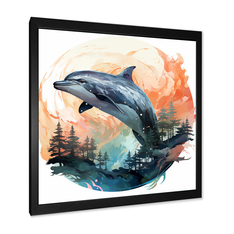 Forêt, forêt, dégradé, dauphin, animaux, art mural, H 36 po x l 36 po x P 1,5 po, Cadre simple noir