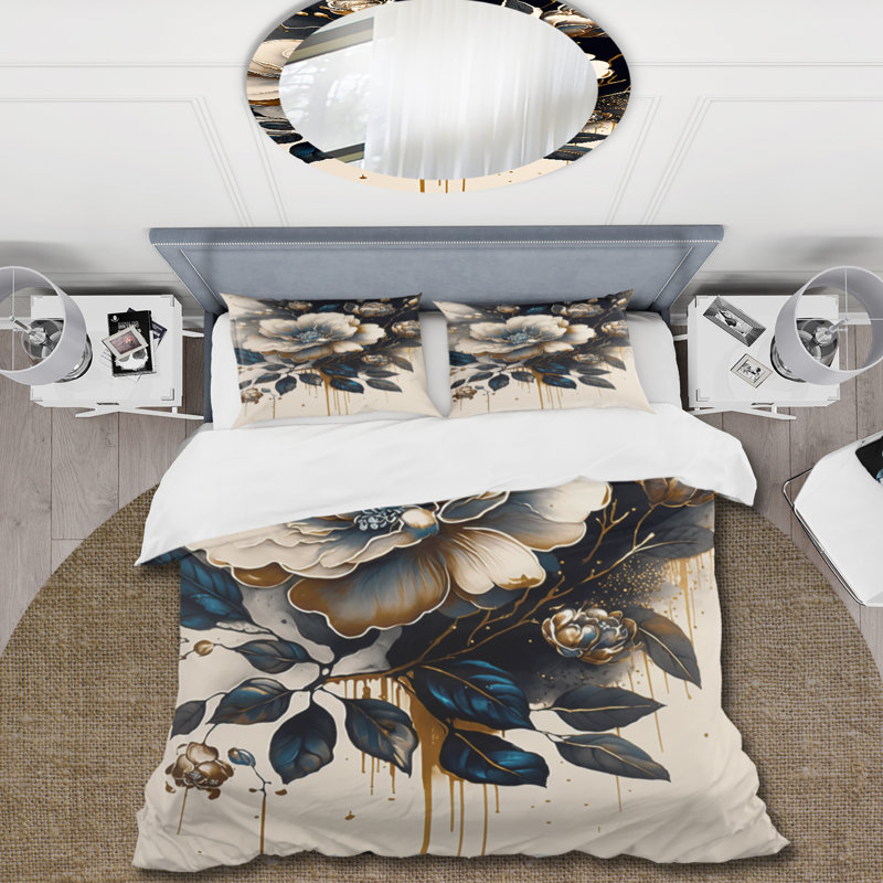Black And Gold Camellia Bouquet II - Floral Camellia Duvet Cover Set - Microfiber Polyester