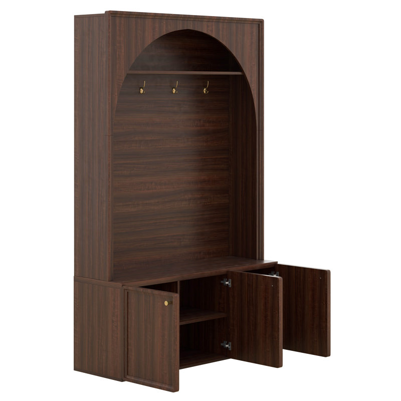 Hall Tree Entryway Organizer, Seat Bench With 3 Cabinets, Adjustable Shelves, Arched Coat Rack With 4 Golden Hooks, Top Cubby