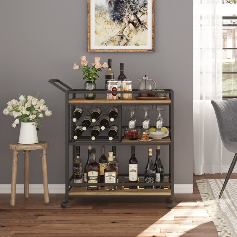 Guinna Metal Bar Cart, Rustic Oak, Black