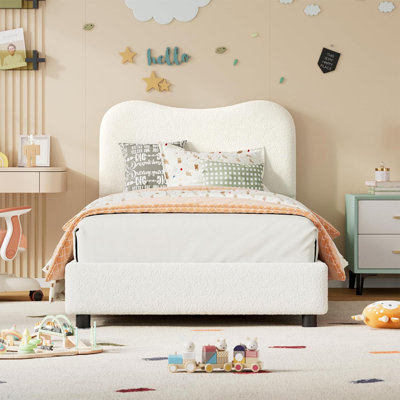 Boucle Bed Frame with Upholstered Headboard, Soft Low Profile Sturdy Platform Bed with Rounded Corners Design, Strong Wooden Slats, Noise Free, No Box Spring Needed, Easy Assembly