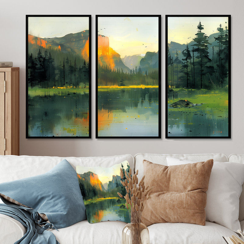 Ensemble de salon mural Yosemite National Park Forest Landscape II, Toile avec cadre flottant noir