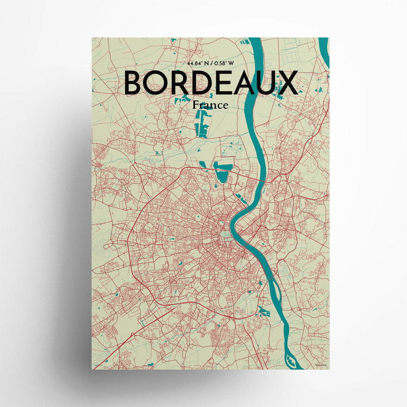Bordeaux City Map In Tricolour - No Frame Print, 27.6cm H x 19.7cm W x 0.05cm D