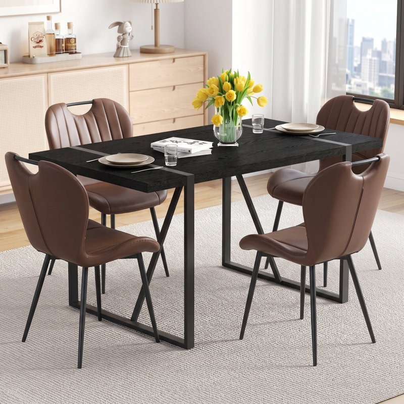 Ensemble de salle à manger rectangulaire rétro minimaliste de 5 pièces de 55 pouces avec chaises en similicuir, Brun