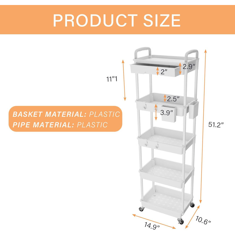 Rolling Storage Cart, 5 Tier Storage Organizer Utility Cart Mobile Shelving Unit, Silver