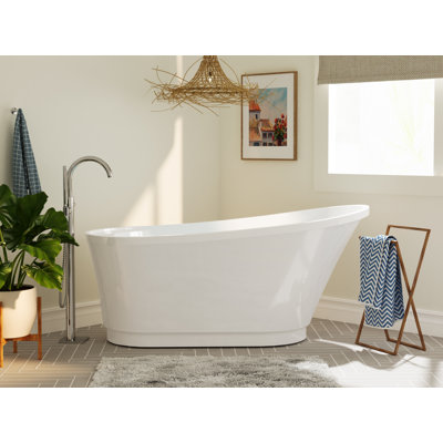 Baignoire autoportante en acrylique Ferdy Langkawa 59 po, baignoire autoportante blanche moderne, certifiée Cupc, bonde en nickel brossé et trop-plein de conception linéaire minimaliste incluse, facile à installer, 02568T