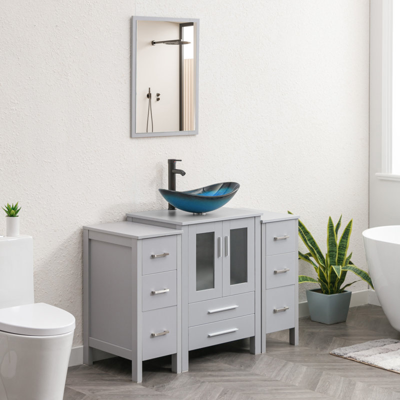 Boleslavas 48" Single Bathroom Vanity Set with Manufactured Wood Top, Vessel Sink, Faucet and Drain, gris