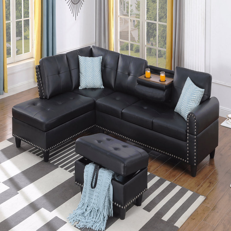 Black Faux Leather L - Shaped Sectional With Storage & Cup Holders
