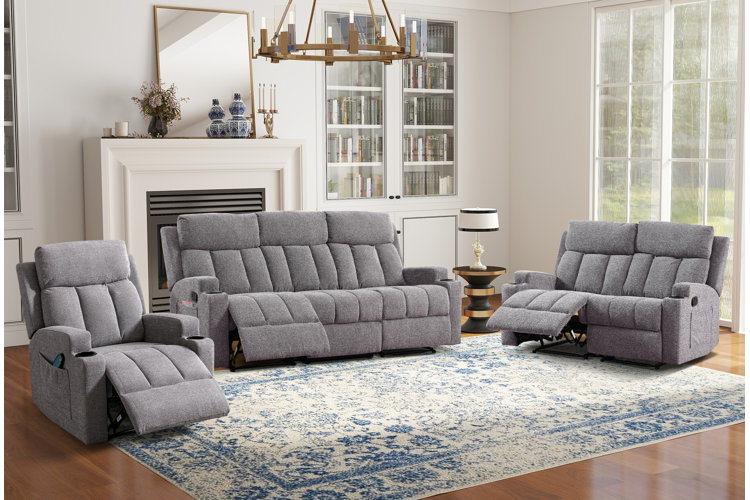 different types of reclining furniture a living room set with a recliner chair, reclining sofa, and reclining loveseat