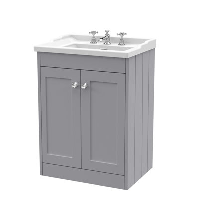 Old London Ashwick Satin Grey 600mm Floorstanding 2-Door Unit With Basin 3 Tap Hole