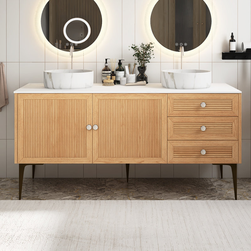 Armoire de rangement autoportante en contreplaqué de 60 po avec lavabo en céramique blanc et meuble-lavabo à motif de pierre avec plateau en grain de bois chêne pré-assemblé 60 po