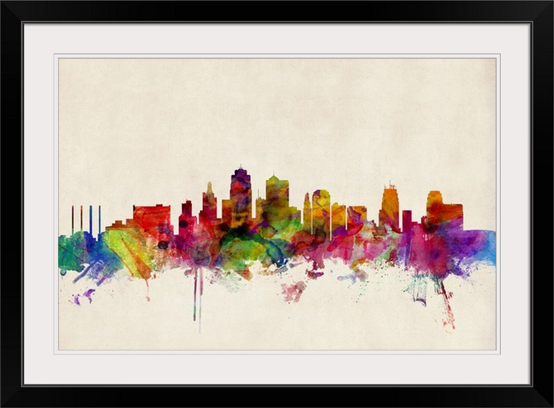 «Kansas City Skyline» par Francy, impression, Cadre noir, H 20 po x l 26 po x P 1 po
