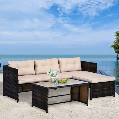 Canapé de patio 3 pièces - Mobilier d'extérieur avec méridienne, coussins souples, table en verre trempé, table de salon rembourrée beige