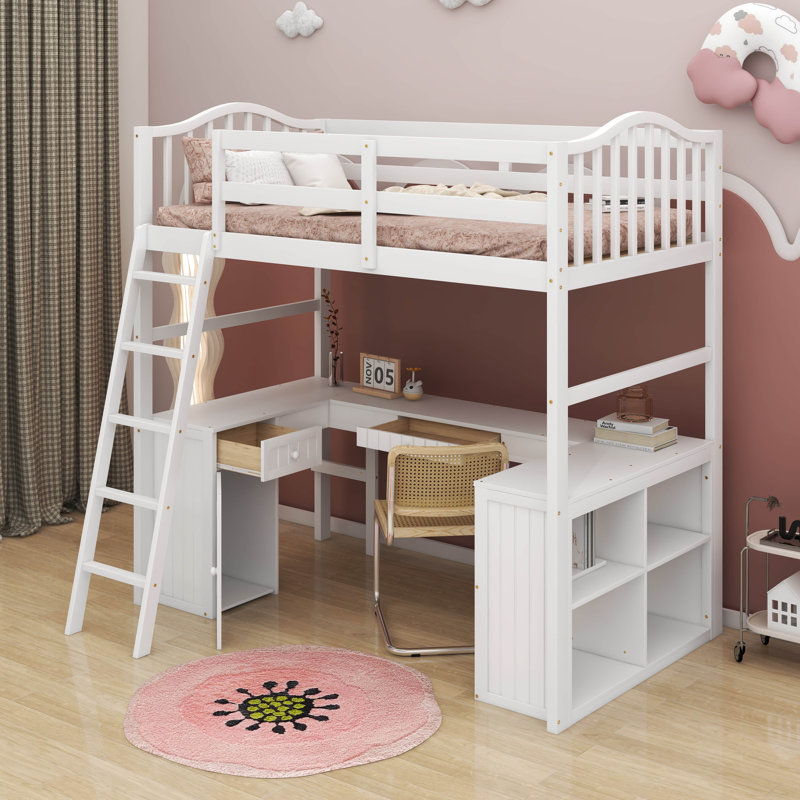 Lit mezzanine simple avec tiroirs, armoire, tablettes et bureau