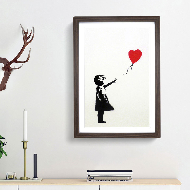 Girl With Red Balloon by Banksy - Single Picture Frame Print on MDF, Walnut Framed, 76cm H x 50cm W x 2cm D
