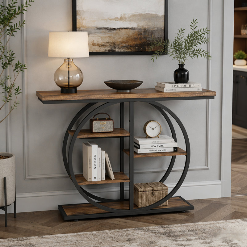 Console 41,3 pouces industrielle avec rangement à 5 niveaux, brun rustique pour le vestibule et le salon