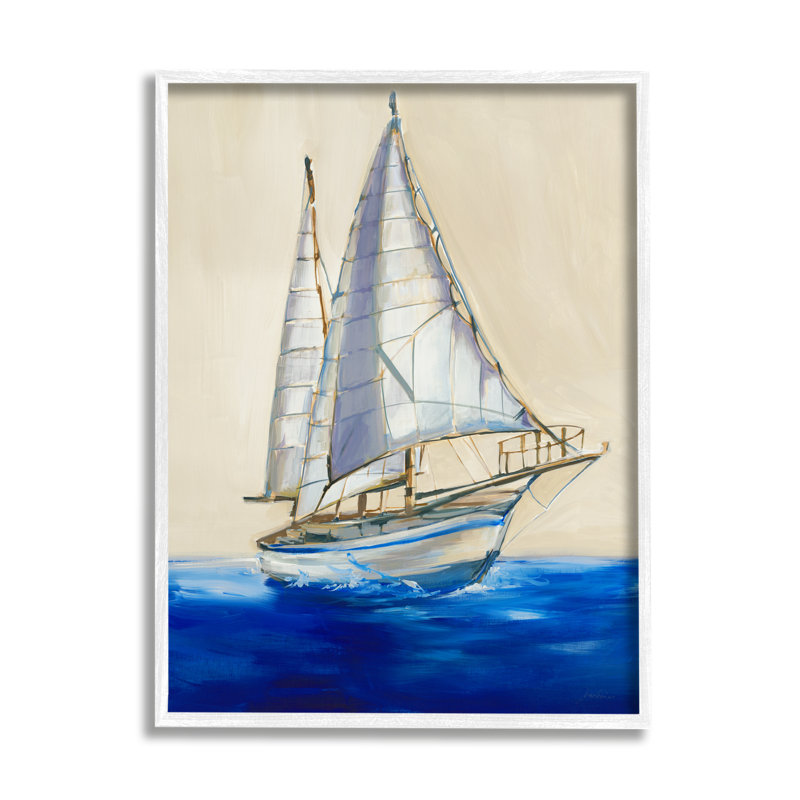 Voilier contemporain bleu profond par Liz Jardine 941, H 20 po x l 16 po x P 1,5 po, Giclée encadrée blanc bord de mer