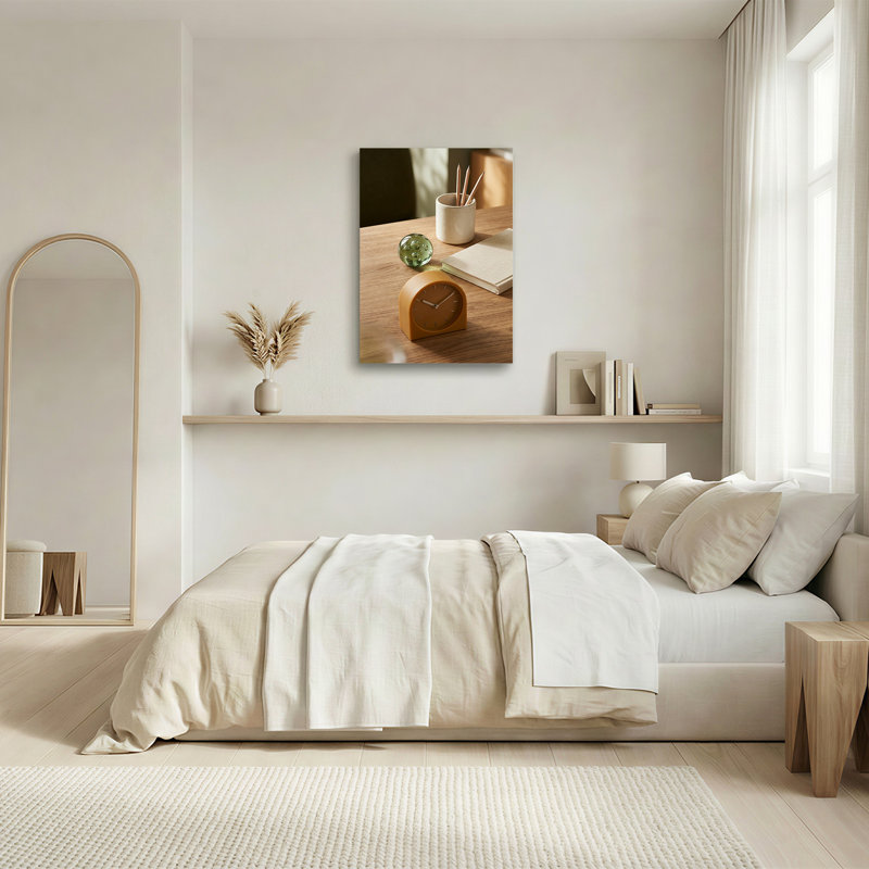 Art mural sur toile en bois avec horloge analogique moutarde, H 48 po x l 32 po