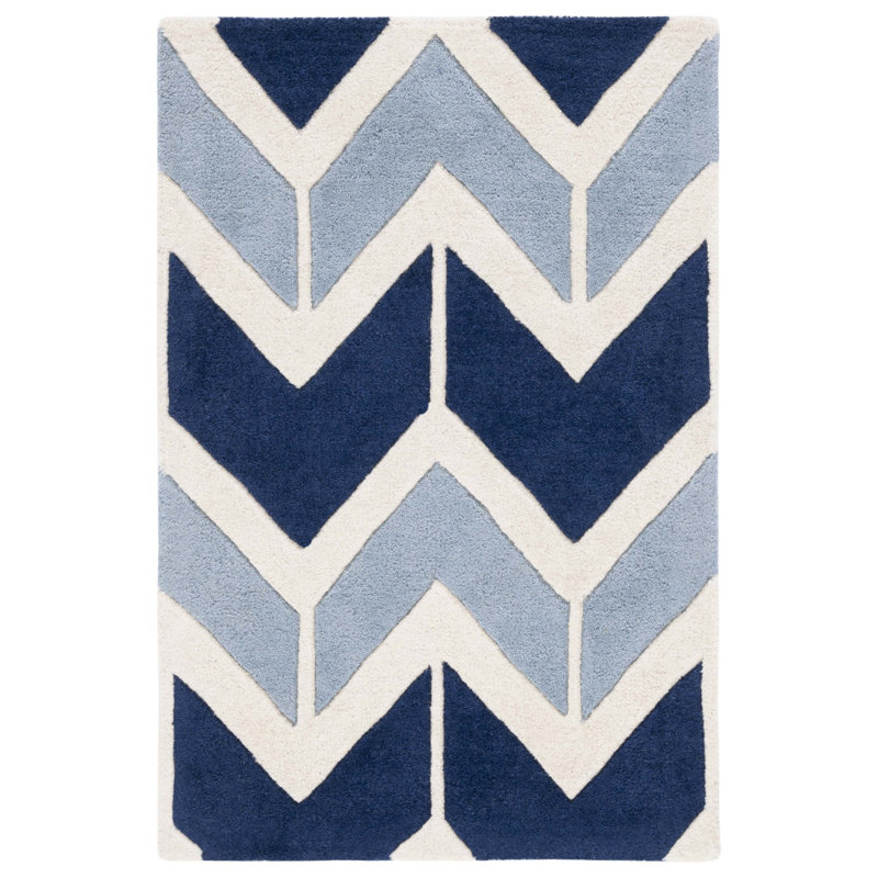 Tapis bleu foncé / bleu clair / blanc en laine touffeté à la main Sanaz, Rectangle 2 pi x 3 pi